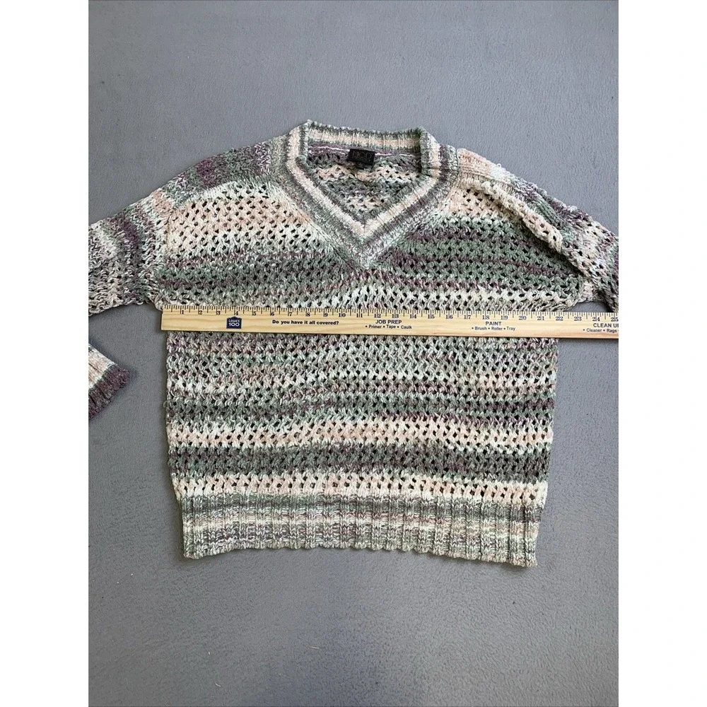 MOD Lusive Sweater Womens Large Purple Green Striped Chunky Knit Pullover V Neck